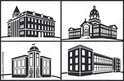 Four distinct architectural building silhouettes in a grid layout