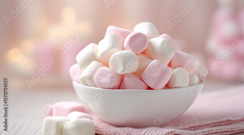 A white bowl overflowing with fluffy pink and white marshmallows sits on a pink napkin, bokeh lights in the background
