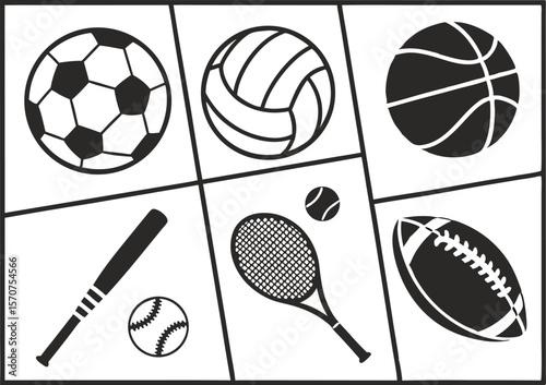 Collection of popular sports balls and equipment icons on a white background