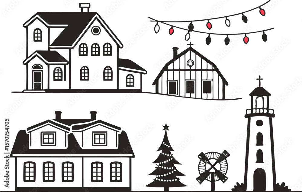 Fototapeta premium Collection of stylized black and white buildings and christmas elements on white background