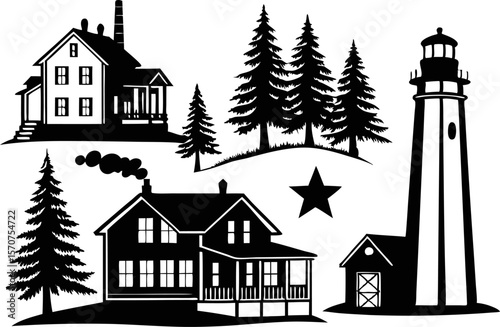 Collection of black silhouette buildings and evergreen trees on white background