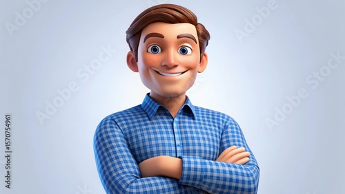 A cheerful young man with brown hair and blue eyes stands confidently with arms crossed, wearing a blue checkered shirt