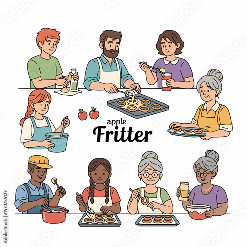 Family baking apple fritters together in a kitchen