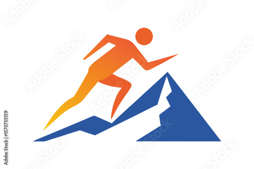 Runner ascending mountain peak with orange and blue gradient abstract style