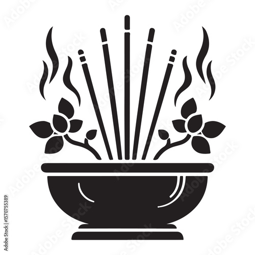 black incense sticks with flowers and bowl clip art preview