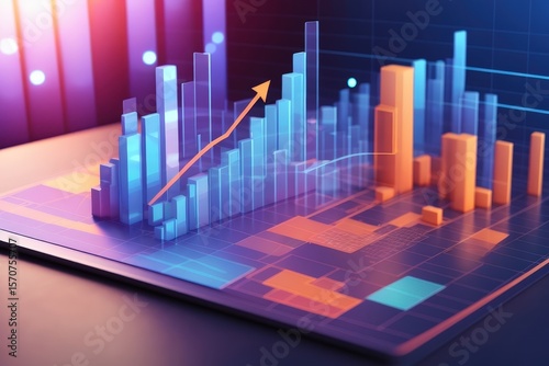 A vibrant stylized graph with blue and orange bar charts and an upwardpointing arrow