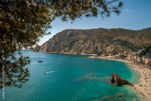 Monterosso al Mare, a quiet bay with crystal clear water, colorful buildings,...