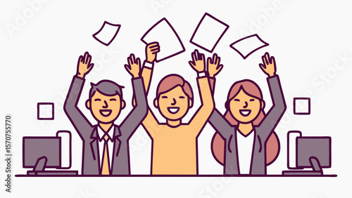 Happy office workers celebrate success by throwing papers in the air