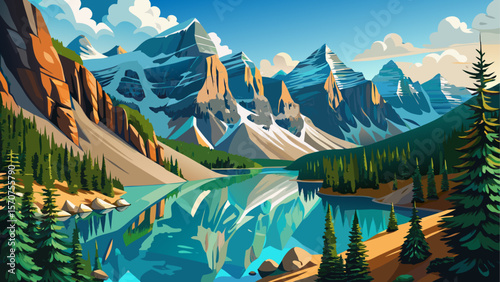 Panoramic view of the stunning Moraine Lake in Banff National Park, Alberta, Canada. Surrounded by rugged snow-capped peaks and dense pine forests