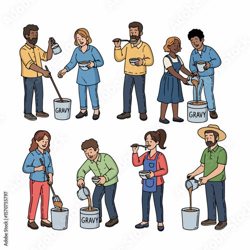 People pouring gravy into bowls, diverse group, food preparation