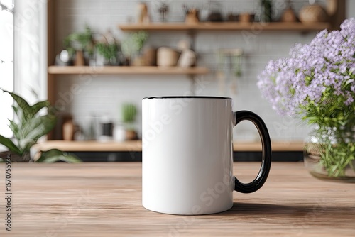 A white mug with a black rim and handle sits on a wood counter, a blurred kitchen and purple flowers in the background