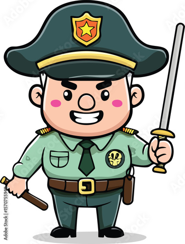 Police officer character vector, smiling man in dark blue uniform and police hat
