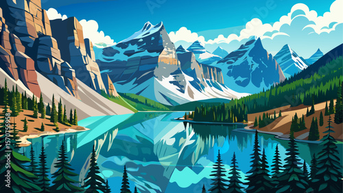 Panoramic view of the stunning Moraine Lake in Banff National Park, Alberta, Canada. Surrounded by rugged snow-capped peaks and dense pine forests