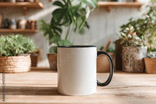 A white mug with a black rim and handle sits on a wooden surface, bathed in sunlight.  Lush green potted plants blur in the background, creating a tranquil, homey scene