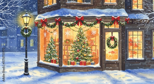 Cozy winter christmas scene with snowy street and decorated shop window