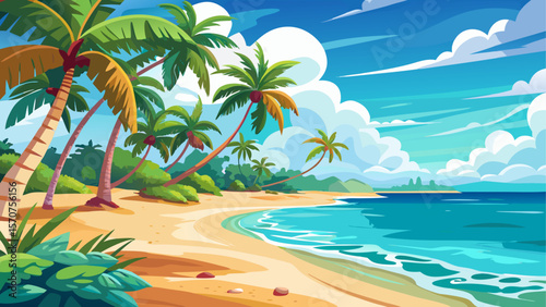 Idyllic tropical beach in Punta Cana, Dominican Republic, with swaying palm trees lining the soft white sand. Turquoise ocean waves gently lap the shore under a sunny, cloud-dotted sky