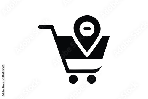 Shopping Cart Icon:  Modern Minimalist Black and White Design, Location Pin Showing Removal or Deletion, E-commerce Concept, Digital Marketing Graphic, Simple Flat Style, Website or App Interface Elem