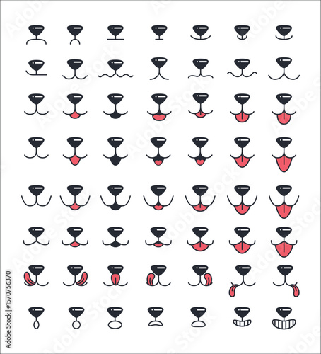 Vector Dog Face Design Elements, Different Emotions. Dog Mouth, Tongue, Nose Isolated. Dog or Cat Face with Closed and Opened Mouth Icons Closeup Set, Collection for Vet Logo, Emblem, Pet Care, Canine