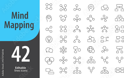 Mind Mapping Line Icons, Brainstorming, Flow Chart, Idea Network, Thought Bubble, Central Node, Editable Formats: AI, EPS, PNG, JPG, Ideal for Both Digital and Print Use
