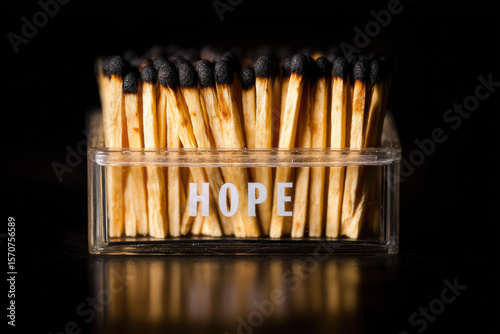 Burnt matchstick transparent box hope black background closeup wood charred concept emotional arrangement symbolic message horizontal minimal creative dark fire extinguished safety loss resilience