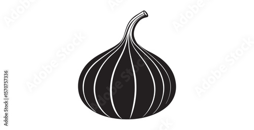 Stylized black fig fruit silhouette with white highlights and stem