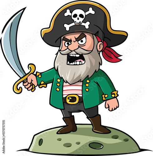 Pirate character vector, old grumpy man with gray beard, big pirate hat with skull 5