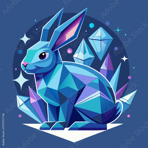 Elegant polygonal bunny design with crystal accents, suitable for branding or decorative elements in shades of blue and purple.