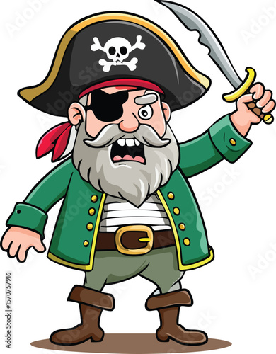 Pirate character vector, old grumpy man with gray beard, big pirate hat with skull 6