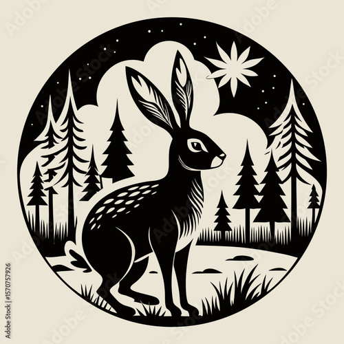 Majestic hare dwells in a serene forest amidst towering pines, a tranquil woodland scene suitable for nature-themed designs.