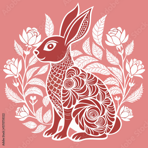 A decorative rabbit among floral elements creates a charming design suitable for spring themes or artistic presentations, perfect for various creative projects.