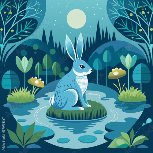 A serene rabbit sits upon a grassy islet in a tranquil, moonlit pond surrounded by stylized forest flora, suitable for a storybook.