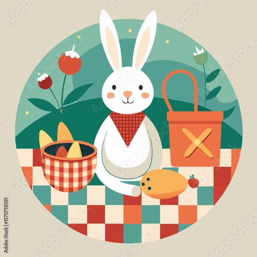 Delightful Easter picnic scene featuring a cute rabbit, basket with eggs, and springtime florals in a charming design.