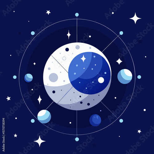 Celestial design features planets, moon phases, and stars in a cosmic backdrop, suitable for astronomy themes and graphic projects.