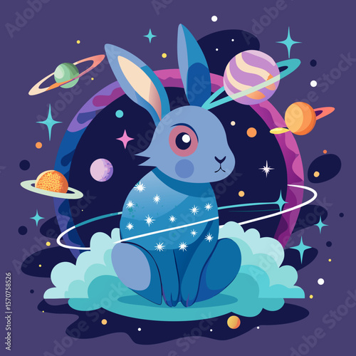 A fanciful cosmic rabbit design featuring celestial planets, stars, and dreamlike clouds, perfect for whimsical branding or creative project elements.