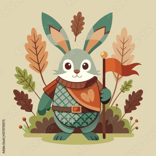 A charming cartoon hare knight with a flag, amidst autumn leaves, perfect for seasonal designs or children's book material, adding a whimsical touch.