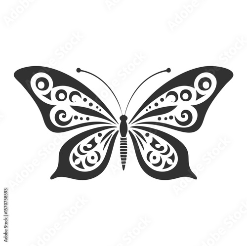 Ornate black butterfly with swirling wing patterns white insect