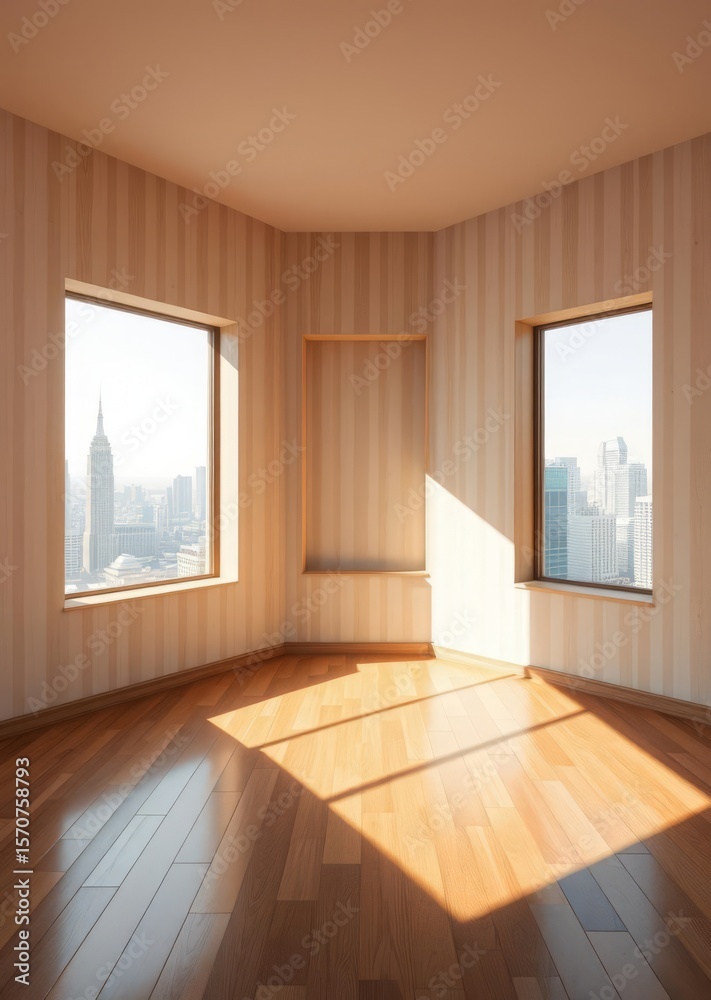 Obraz premium Sunlit empty room with wooden floor and large windows overlooking cityscape Empty room interior design architecture blank design room striking structures clean lines geometric shapes dramatic