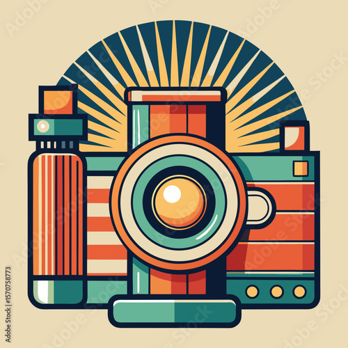 Retro camera design featuring geometric shapes and sun rays, suitable for logos or vintage-themed projects with a nostalgic feel.
