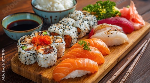 A wooden board displays an assortment of sushi, including maki rolls, nigiri, and sashimi, alongside rice, soy sauce, and pickled ginger