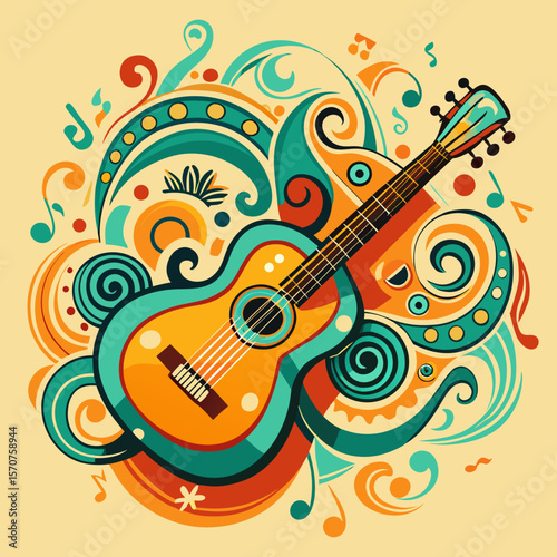 An artistic acoustic guitar graphic surrounded by swirling musical notes, perfect for branding related to music, entertainment, or creative expression.