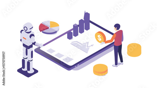 Isometric illustration of a robot, man, and financial data on a tablet display platform view