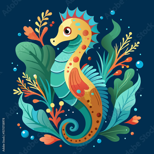 Delightful seahorse graphic with vibrant colors surrounded by colorful marine flora, perfect for branding, invitations, or nautical themed designs.