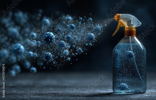 Clean Virus Protection Concept: a black background with a sprayer for cleaning and disinfection and room for a hygiene advertisement