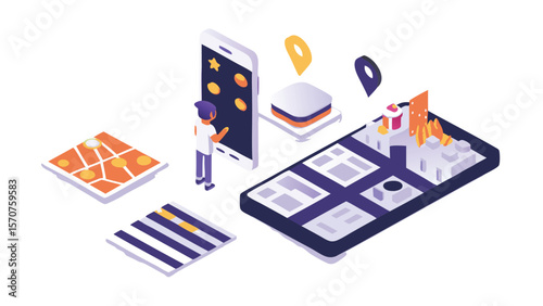 Isometric illustration depicting a person interacting with a mobile application interface and maps