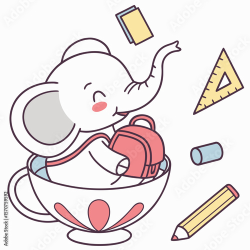 Cute SVG of a Sleepy Baby elephants in Chalkboard Fun colors, featuring sitting in a teacup ride in a Back to school setting