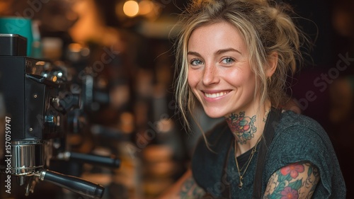 Coffee is being made in a professional coffee maker by a happy young barista with tattoos.