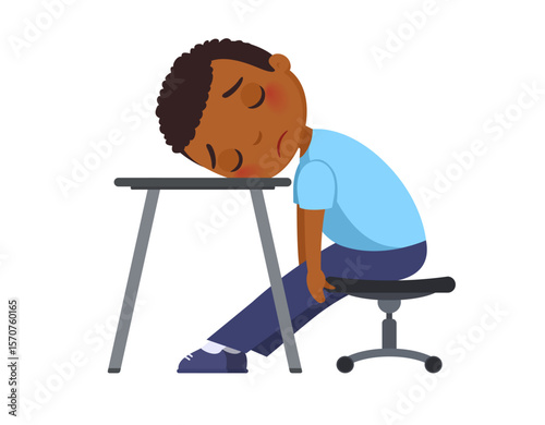 Little dark skin boy sits on a chair and puts his head on the table. 
Concept of emotions fatigue, helplessness, exhaustion.
Cartoon character illustration