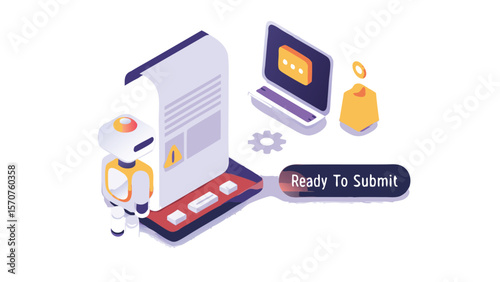 Isometric illustration of a robot submitting a form with a computer in the background ready to submit