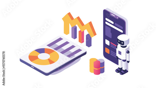 Isometric illustration of a robot standing next to a phone and data charts and graphs display