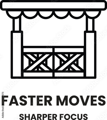 A black and white image of a pavilion with a sign that says "Faster Moves" above